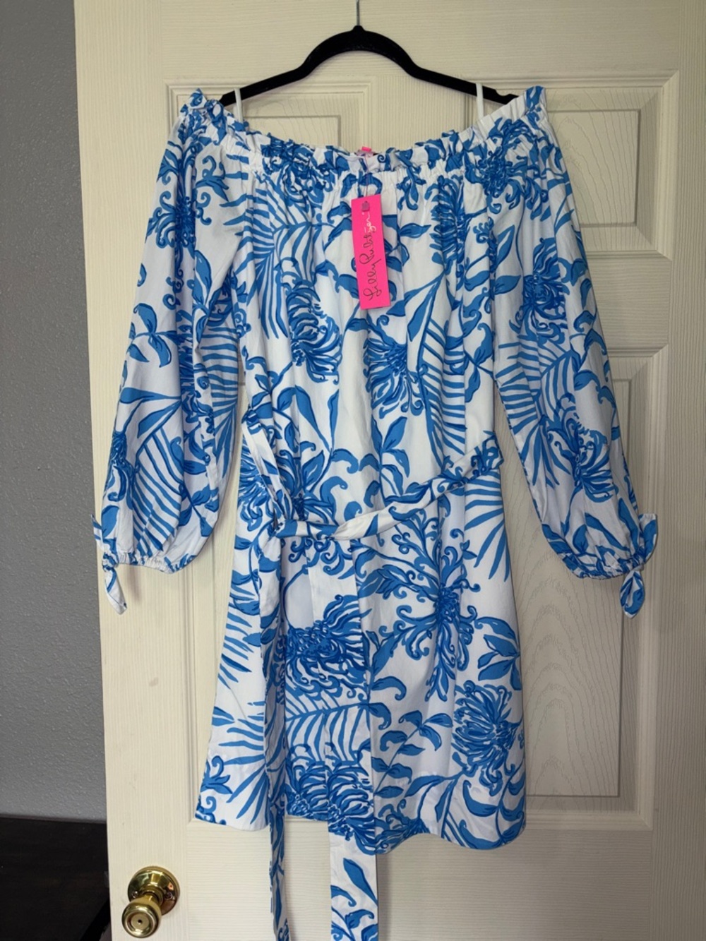 Lilly Pulitzer White Dress with Blue Tropical Print and Belt